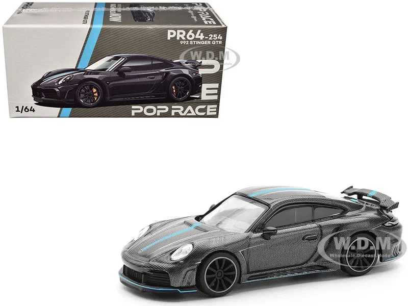 992 Stinger GTR Carbon Edition with Blue Stripe 1/64 Diecast Model Car by Pop Race - Porsche Models
