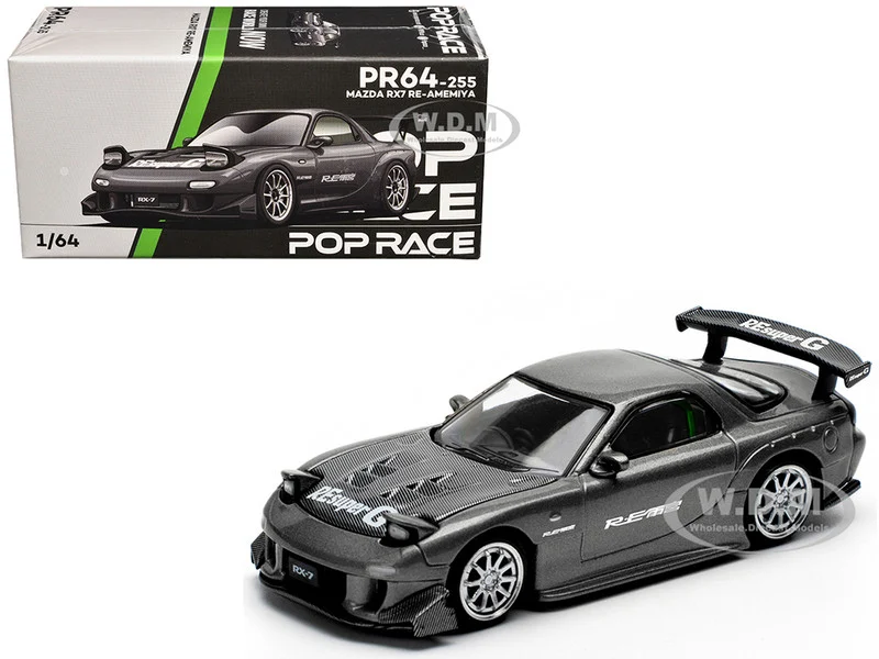 Mazda RX7 (FD) "RE Amemiya" Widebody RHD (Right Hand Drive) Gunmetal Gray Metallic with Carbon Hood 1/64 Diecast Model Car by Pop Race - Mazda Models