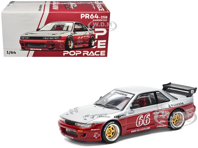 Nissan Pandem S13 RHD (Right Hand Drive) #66 "Moontech" Silver and Red Metallic 1/64 Diecast Model Car by Pop Race - Nissan Models