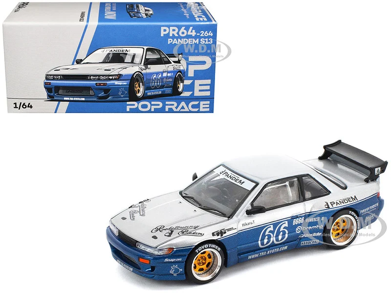 Pandem S13 RHD (Right Hand Drive) Silver and Moontech Blue Metallic with Graphics 1/64 Diecast Model Car by Pop Race - Nissan Models