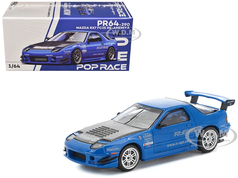 Mazda RX7 (FC3S) RE Amemiya RHD (Right Hand Drive) Blue Metallic with Carbon Hood 1/64 Diecast Model Car by Pop Race - Mazda Models