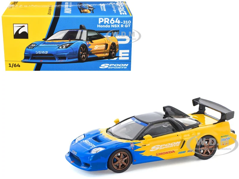 Honda NSX-R GT RHD (Right Hand Drive) "Spoon Sports" Blue and Yellow with Black Top 1/64 Diecast Model Car by Pop Race