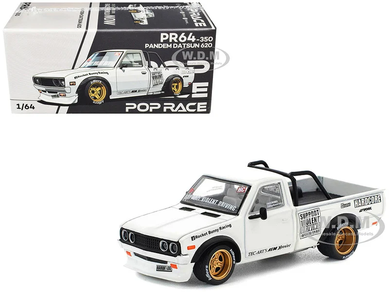 Datsun Pandem 620 Pickup Truck "Rocket Bunny Racing" White with Graphics 1/64 Diecast Model Car by Pop Race - Datsun Models