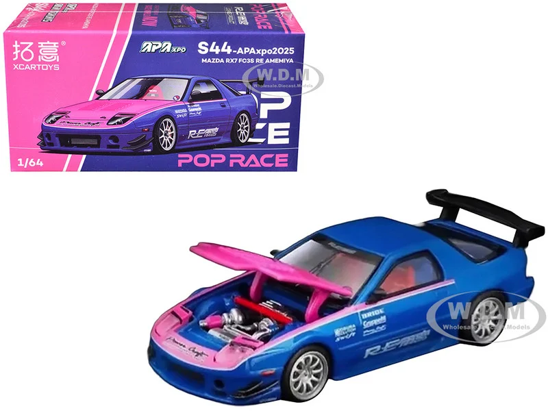 Mazda RX7 (FC3S) RE Amemiya RHD (Right Hand Drive) Blue Metallic with Pink Hood "APA XPO 2025 Exclusive" 1/64 Diecast Model Car by Pop Race - Mazda Models