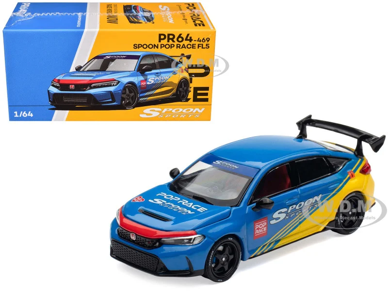 Honda Civic Type R FL5 "Spoon Sports" Blue and Yellow "Tokyo Auto Salon - Hong Kong 2025" 1/64 Diecast Model Car by Pop Race