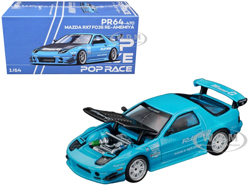 Mazda RX7 (FC3S) RE Amemiya RHD (Right Hand Drive) Light Blue with Carbon Hood "Tokyo Auto Salon 2026" 1/64 Diecast Model Car by Pop Race - Mazda Models