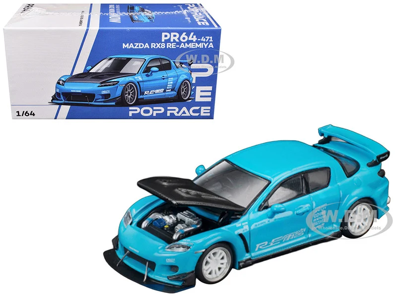 Mazda RX8 RE Amemiya RHD (Right Hand Drive) Light Blue with Carbon Hood "Tokyo Auto Salon 2026" 1/64 Diecast Model Car by Pop Race - Mazda Models