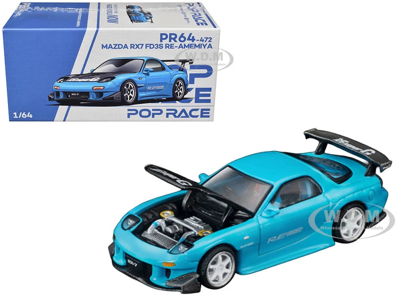 Mazda RX7 (FD3S) RE Amemiya RHD (Right Hand Drive) Light Blue with Carbon Hood "Tokyo Auto Salon 2026" 1/64 Diecast Model Car by Pop Race - Mazda Models