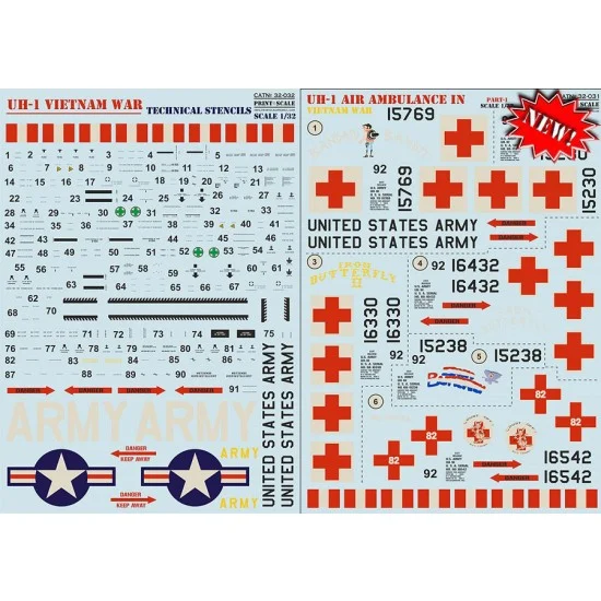 Print Scale 32-031 Decals for 1/32 Bell UH-1 Iroquois Air Ambulance in Vietnam War & Technical Stencils