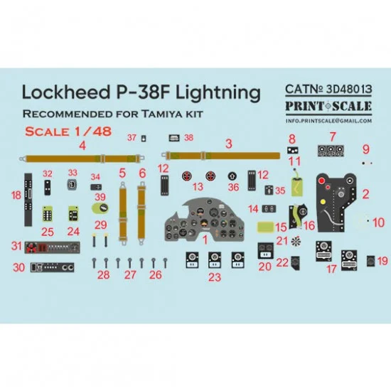Print Scale 3D48013 1/48 Lockheed P-38F Lightning Instrumental Panel and Cockpit for Tamiya kits