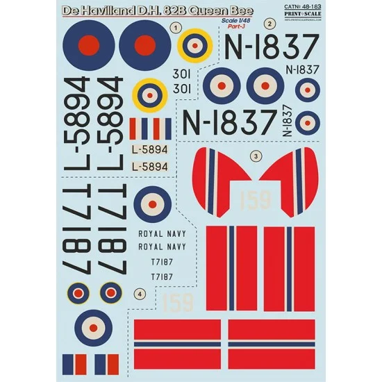 Print Scale 48-183 Decals for 1/48 De Haviland D.H.82b Queen Bee