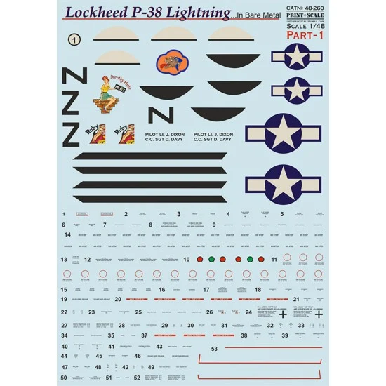 Print Scale 48-260 Decal for 1/48 P-38 Lightning in Bare Metal Part 1