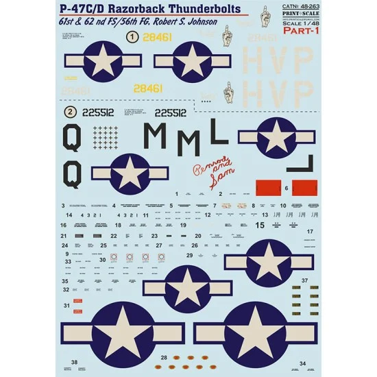 Print Scale 48-263 Decal for 1/48 P-47 C/D Razorback Robert S. Jonson Part 1