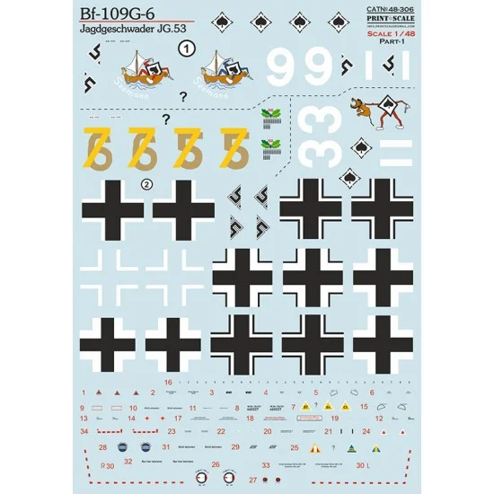 Print Scale 48-306 1/48 Messerschmitt Bf-109G-6. Jagdgeschwader JG.53 Decal Part 1.