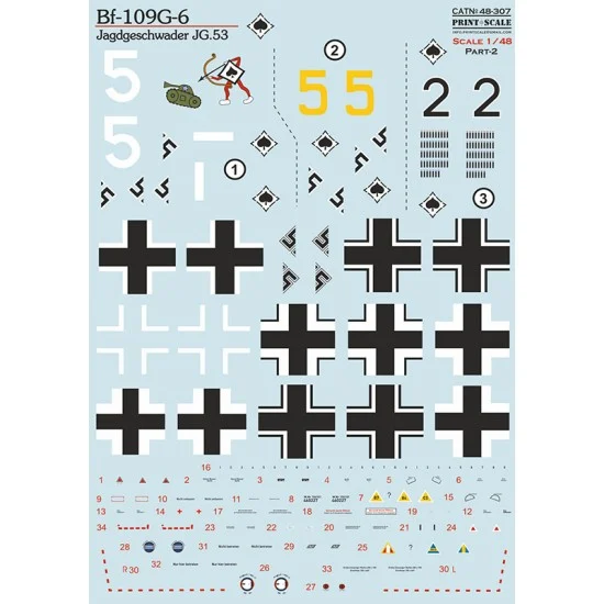 Print Scale 48-307 1/48 Messerschmitt Bf-109G-6. Jagdgeschwader JG.53 Decal Part 2.
