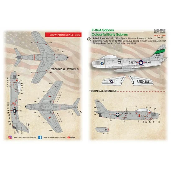 Print Scale 48-310 1/48 F-86A Colourful Early Sabres Decal Part 3 - 5 NA 48-313