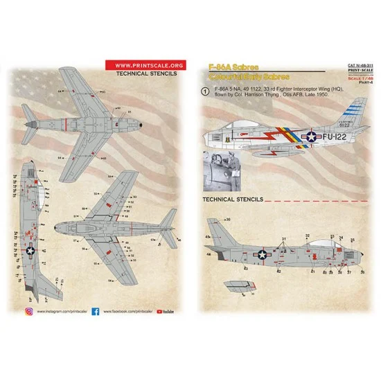 Print Scale 48-311 1/48 F-86A Colourful Early Sabres Decal Part 4 - 5 NA, 49 1122