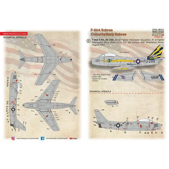 Print Scale 48-312 1/48 F-86A Colourful Early Sabres Decal Part 5 - 5 NA, 49 1289