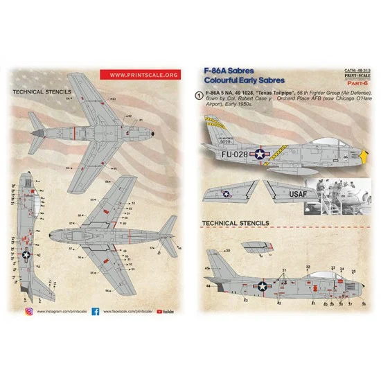 Print Scale 48-313 1/48 F-86A Colourful Early Sabres Decal Part 6 - 5 NA, 49 1028 Texas Tailpipe