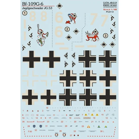 Print Scale 48-319 1/48 Messerschmitt Bf-109G-6. Jagdgeschwader JG.53 Decal Part 3
