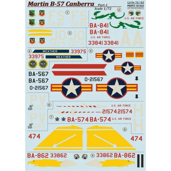 Print Scale 72-193 1/72 Wet Decals - Martin B-57 Canberra Part 1