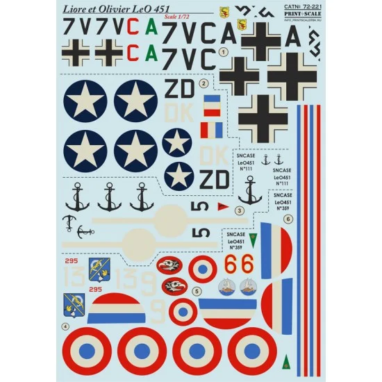 Print Scale 72-221 1/72 Wet Decals - Liore et Olivier LeO 451