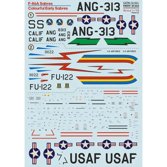 Print Scale 72-531 1/72 F-86A Sabres. Colourful Early Sabres. Decal Part 2