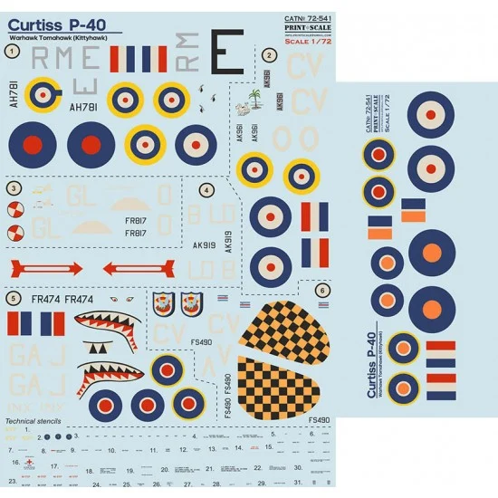 Print Scale 72-541 1/72 Curtiss P-40 Warhawk Tomahawk (Kittyhawk) Decal