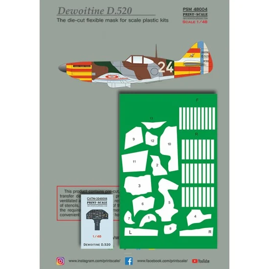 Print Scale PSM48004 1/48 Dewoitine D.520 Mask, Decal & 3D Decal - Model Planes