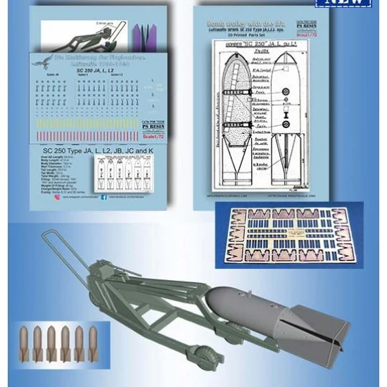 Print Scale PSR72005 1/72 WWII Luftwaffe Bomb Trolley w/Lift SC 250 Type JA, L, L2 - Model Planes