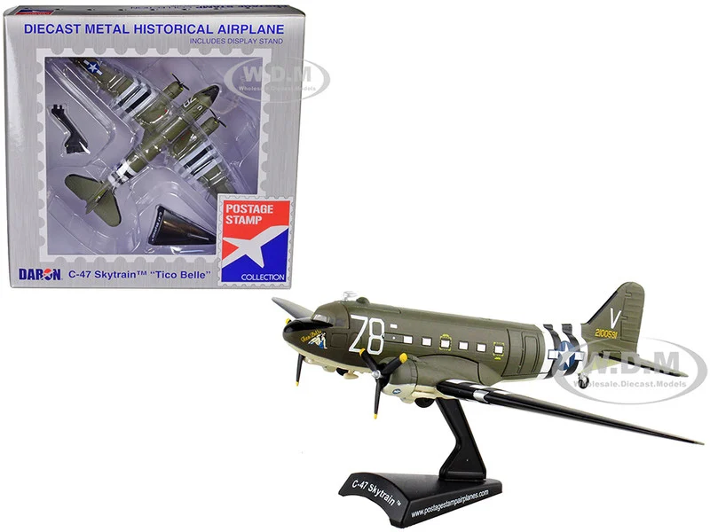 Douglas C-47 Skytrain Transport Aircraft "Tico Belle, 82nd Airborne Division, D-Day" (1945) United States Army Air Forces 1/144 Diecast Model Airplane by Postage Stamp