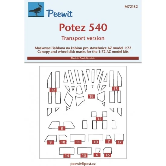 Peewit M72132 1/72 Potez 540 Transport version Canopy Masks for AZ model - Model Planes