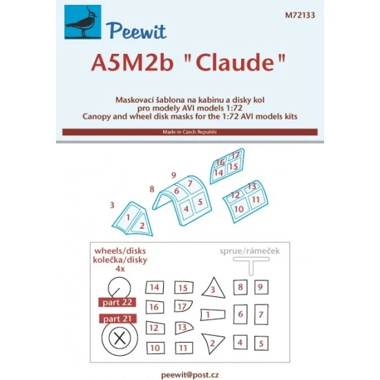 Peewit M72133 1/72 A5M2b Claude Canopy Masks for AVI kits - Model Planes