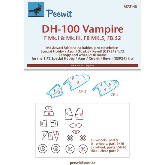 Peewit M72148 1/72 DH-100 Vampire Canopy Masks for Special Hobby/Azur/Xtrakit/Revell 03934