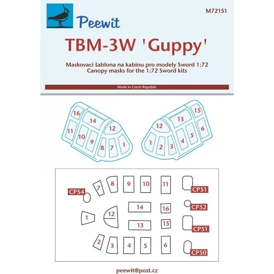 Peewit M72151 1/72 Grumman TBM-3W Guppy Canopy Masks for Sword kits