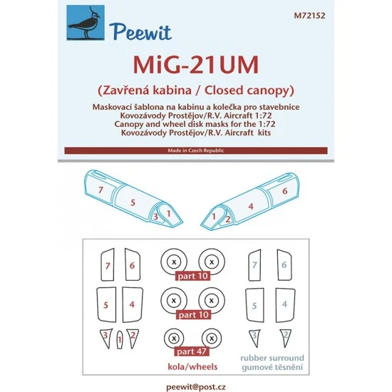 Peewit M72152 1/72 MiG-21UM (Closed cabin) Canopy Masks for Kovozavody Prostejov/R.V.Aircraft