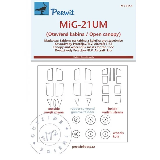 Peewit M72153 1/72 MiG-21UM (Open cabin) Canopy Masks for Kovozavody Prostejov / R.V.Aircraft