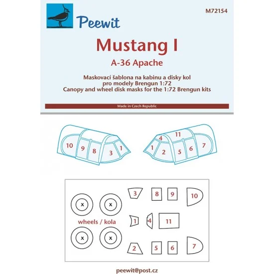 Peewit M72154 1/72 Mustang I/Apache Canopy Masks for Brengun kits - Model Planes