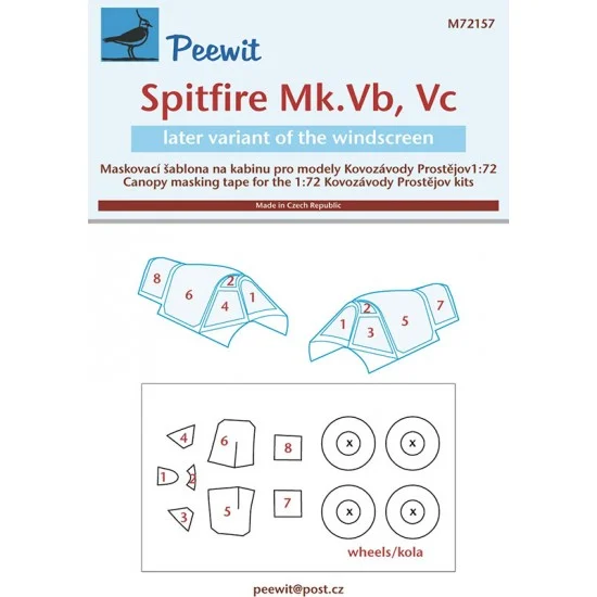 Peewit M72157 1/72 Spitfire Mk.Vb (late), Vc Canopy Masks for Kovozavody Prostejov kits - Model Planes