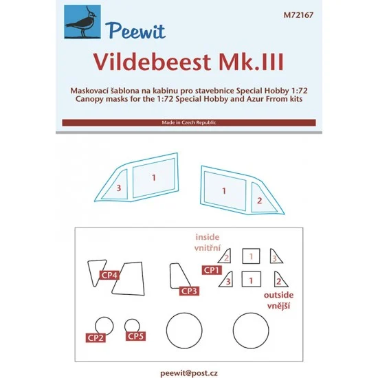 Peewit M72167 1/72 Vildebeest Mk.III Canopy Masks for Special Hobby/Azur Frrom kits - Model Planes