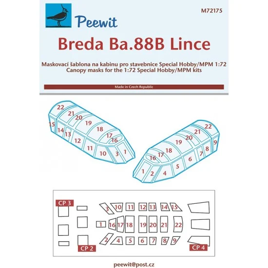 Peewit M72175 1/72 Breda Ba.88B Lince Canopy Masks for Special Hobby/MPM kits - Model Planes