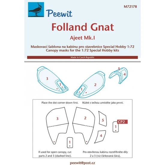 Peewit M72178 1/72 Folland Gnat Canopy Masks for Special Hobby kits - Model Planes