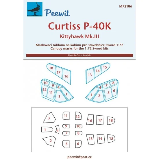 Peewit M72186 1/72 Curtiss P-40K/Kittyhawk Mk.III Canopy Masks for Sword kits