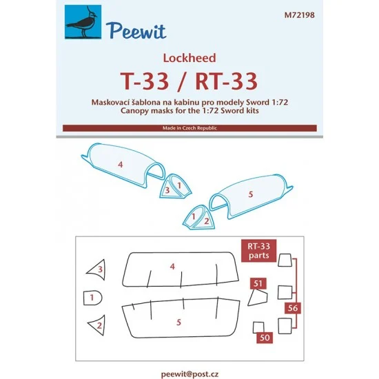 Peewit M72198 1/72 Lockheed T-33 Canopy Masks for Sword kits