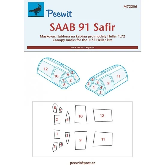 Peewit M72206 1/72 SAAB 91 Safir Canopy Masks for Heller kits - Model Planes