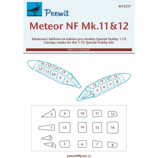 Peewit M72217 1/72 Meteor NF Mk.12 Canopy Masks for Special Hobby kits - Model Planes