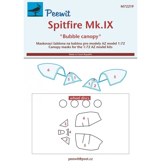 Peewit M72219 1/72 Spitfire Mk.IX ''Bubble canopy'' Canopy Masks for AZ model - Model Planes