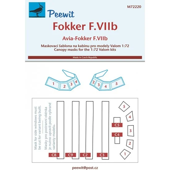 Peewit M72220 1/72 Fokker F.VII Canopy Masks for Valom kits - Model Planes