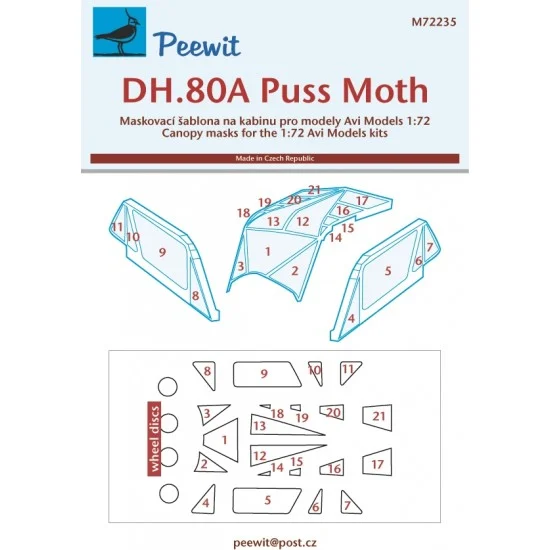 Peewit M72235 1/72 DH.80A Puss Moth Canopy Masks for Avi kits - Model Planes