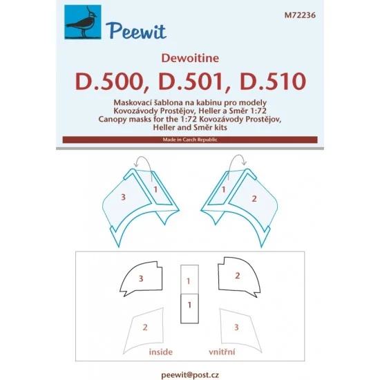 Peewit M72236 1/72 Dewoitine D.500 D.501 D.510 Canopy Masks for Kovozavody Prostejov/ Smer - Model Planes
